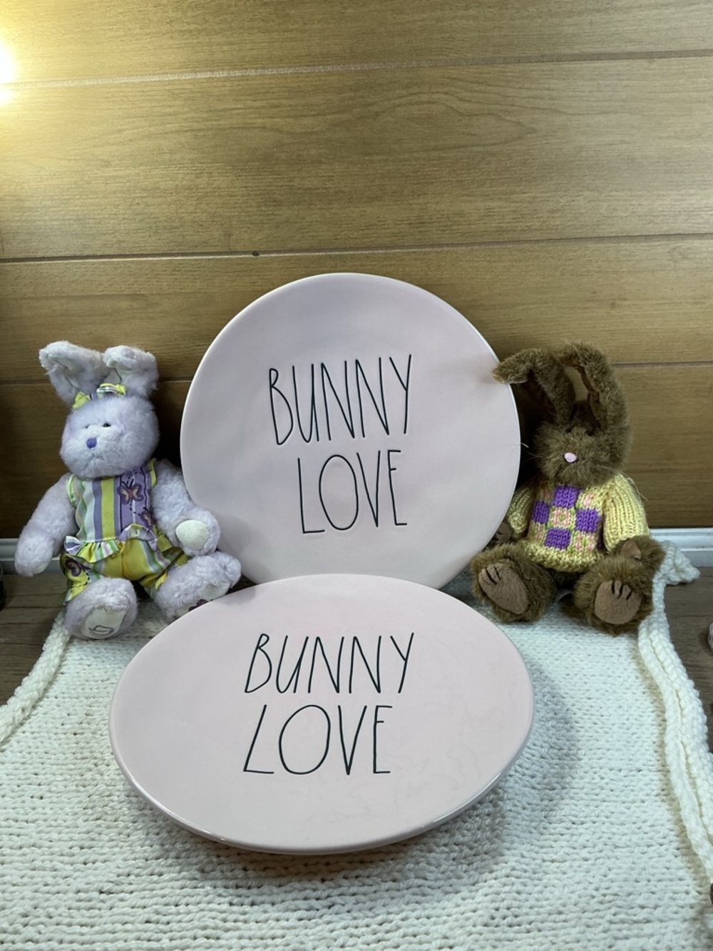 Rae Dunn Bunny Love Plates Set + 2 Plush Easter Bunnies Spring Decor Pink